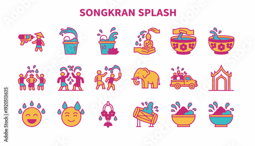 Songkran Splash Icons: Water Festival, Thailand Celebration, Fun Activities