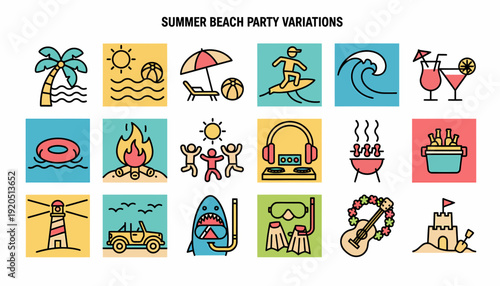 Summer Beach Party Icons - Vacation Fun and Activities