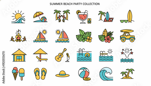 Summer Beach Party Icons Collection: Sun, Surf, Drinks, and Fun