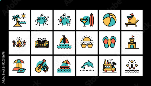 Summer Vacation Icons: Beach, Music, Fun and Travel