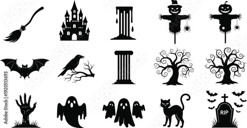 Black vector silhouette set of spooky Halloween icons including ghosts haunted castle bats pumpkin scarecrow and cemetery for holiday branding, cad drawing flat vector illustration