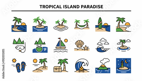 Tropical Island Paradise Icons: Beach, Palm Trees, Ocean, Vacation