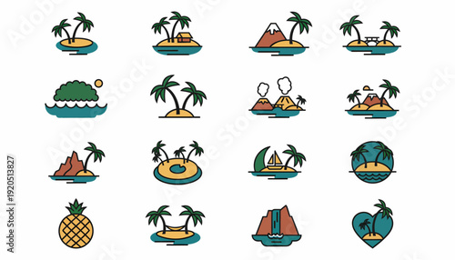 Tropical Island Icons: Paradise, Vacation, Nature, Travel, Symbols
