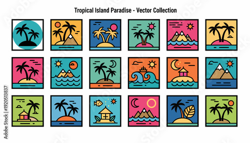 Tropical Island Paradise Vector Collection - Palm Trees, Beaches, Sun, Sea