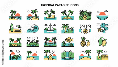 Tropical Paradise Icons: Islands, Beaches, Sunsets, and Vacation Elements