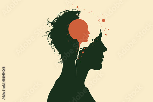 Silhouette of man and woman profiles sharing inner child head with orange paint splatter, symbolizing childhood trauma therapy, inner voice and healing on beige background