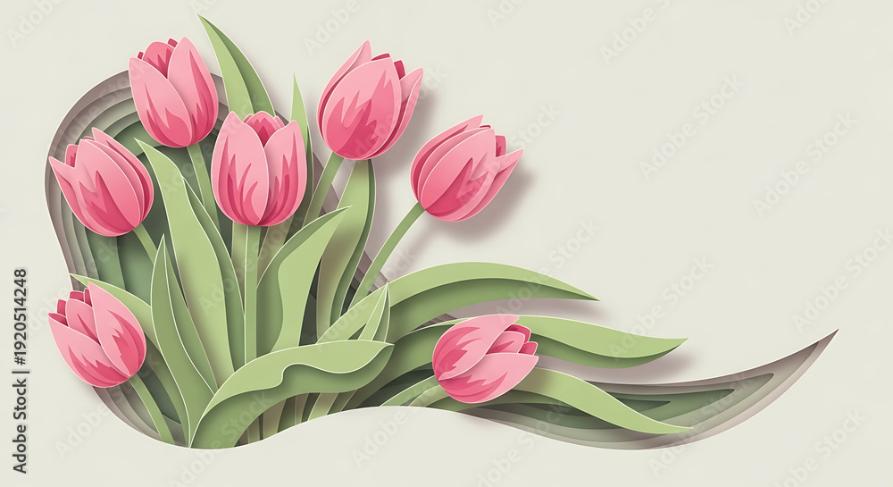 Obraz premium Pink tulips arranged with green leaves on soft beige background