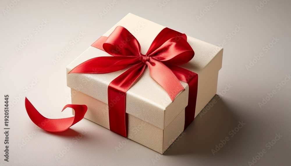 Fototapeta premium a light beige gift box square shaped is adorned with a red ribbon bow