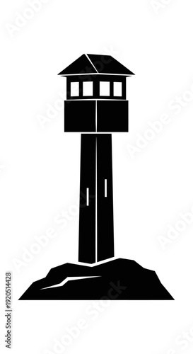 Black silhouette of a guard tower on a rocky mound, isolated on white background