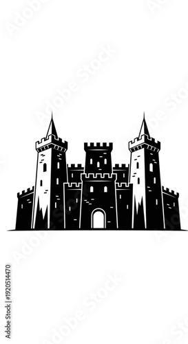 Black silhouette of a medieval castle with towers and battlements on a white background.