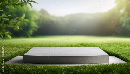 natural stage with concrete surface and green lush lawn for product demonstration
