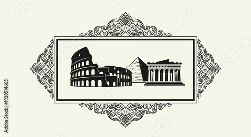 Ancient Wonders Collage: Colosseum, Pyramid, Parthenon in Ornate Frame