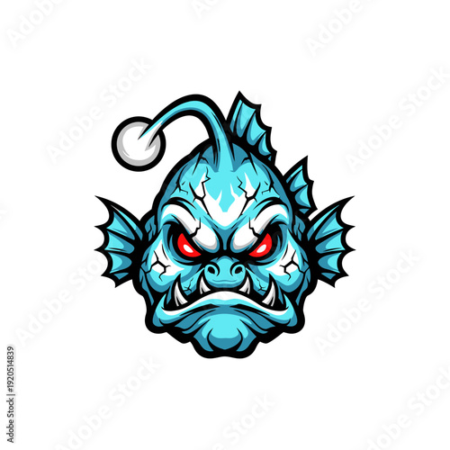 Cartoon anglerfish illustration with fierce expression on white background