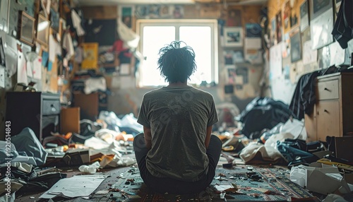 Person sitting in a messy, cluttered room, reflecting on their life and challenges