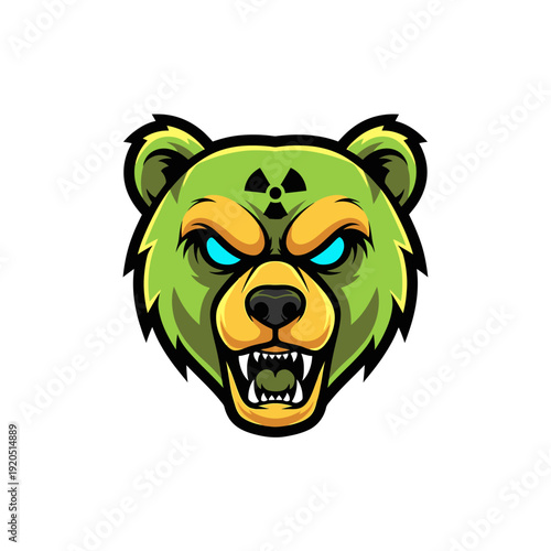Cartoon bear head with angry expression and radioactive symbol on white