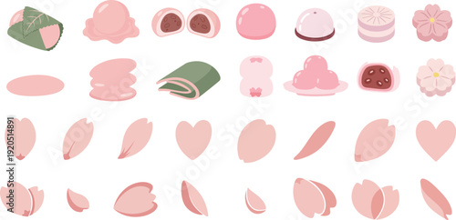 Japanese Sakura Wagashi Sweets and Cherry Blossom Petals Illustration Set for Hanami Spring Festival