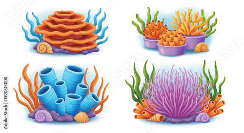 Colorful coral reef vector set with cartoon sea coral sponge and anemone isolated on white background