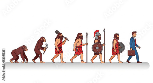 Human evolution vector set showing progression from primitive ape and caveman to modern businessman in flat design style