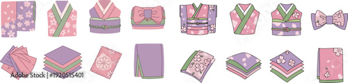Japanese Traditional Kimono and Yukata Fashion Icons Set with Sakura Floral Patterns for Spring Festival