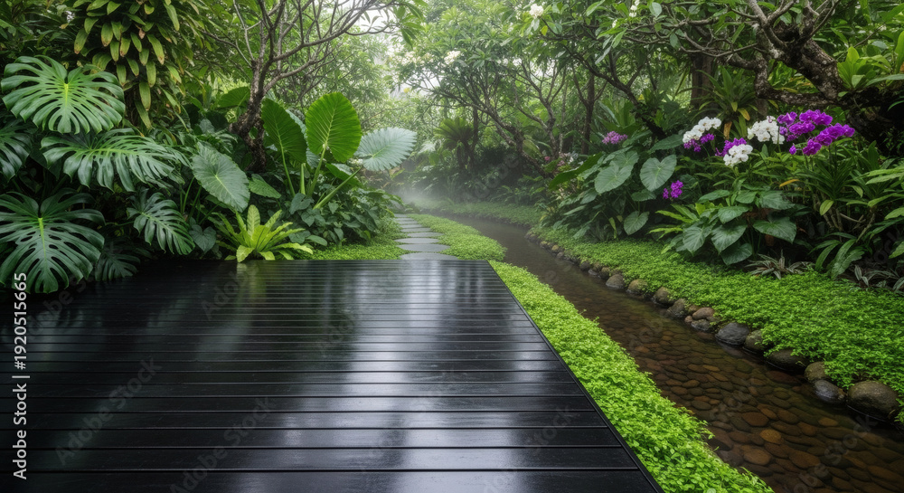 Fototapeta premium Serene Wooden Pathway Through Lush Greenery.