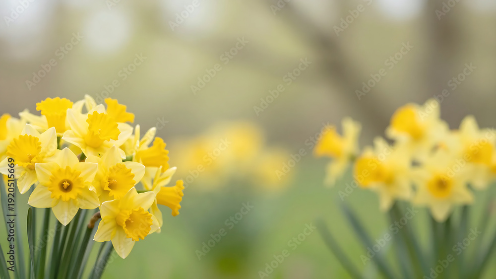 Obraz premium St. David's Day vertical banner, bouquet of yellow daffodil flowers, bright spring bokeh background with copy space for text