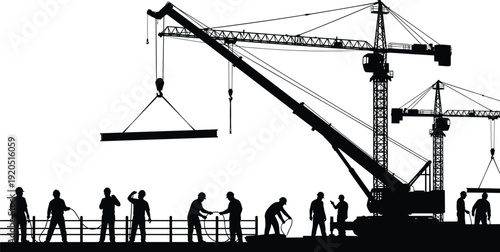Construction site workers with tower cranes and mobile crane heavy lifting silhouette vector illustration