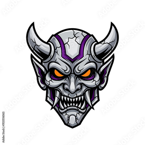 Intense demonic oni mask illustration with sharp horns and fangs isolated