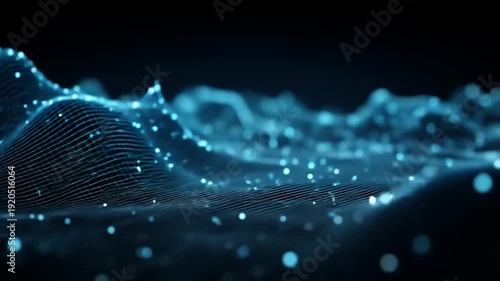 Abstract Blue Digital Wavy Landscape with Floating Luminous Particles in a Dark Space Backdrop