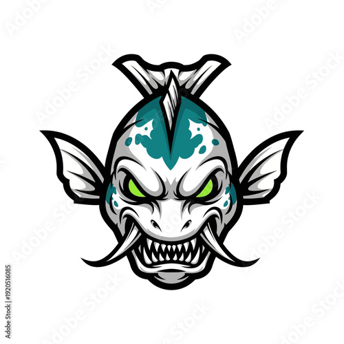Intense fish illustration with grinning mouth and spiked fins on white background