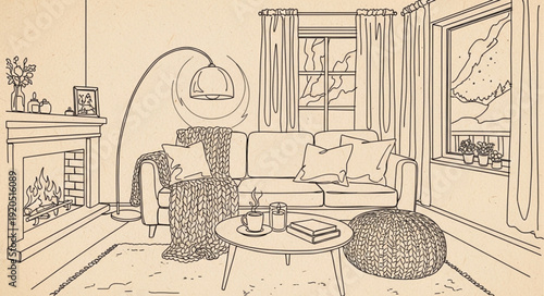 Cozy Living Room Sketch with Fireplace and Sofa.