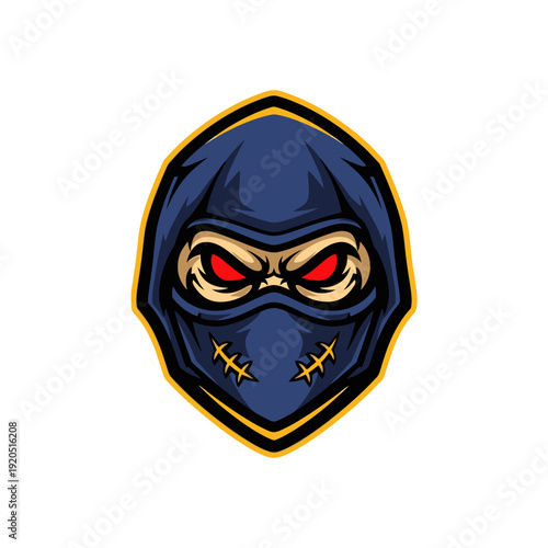 Intimidating masked character graphic illustration with menacing red eyes