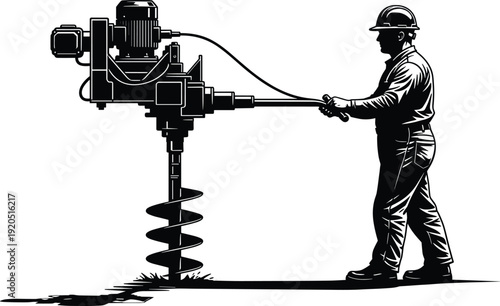 Construction Worker Operating Earth Auger Drill Machine for Ground Hole Digging Black Silhouette Vector