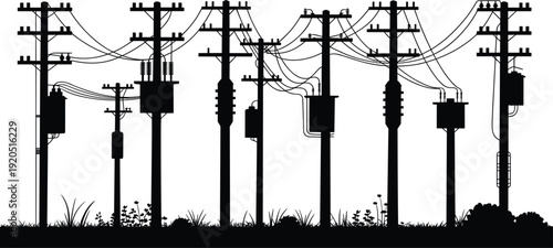 Black Silhouette of Electrical Utility Poles and Wires with Grass untitled