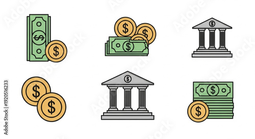 Financial Icons Representing Money and Banking Institutions.