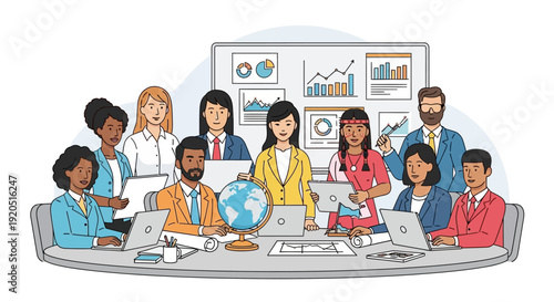 Diverse team collaborating on business project with laptops and graphs