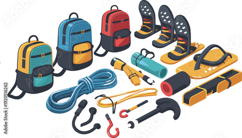 Isometric hiking and climbing gear illustration set, backpacks ropes snowshoes and survival equipment collection