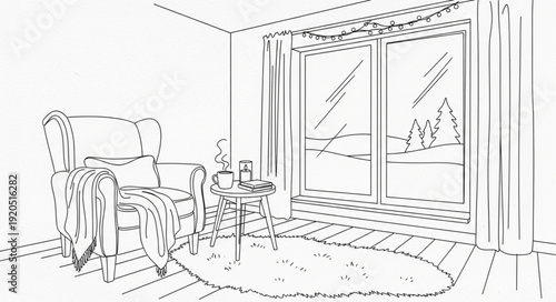 Cozy armchair by large window with view of snowy trees.