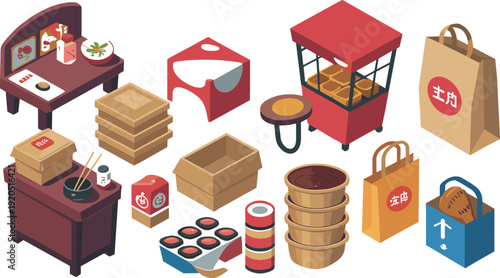 Isometric Japanese street food market illustration, vendor stall, takeaway boxes, shopping bags and packaging collection