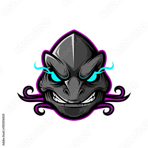 Monster head illustration with glowing eyes and grinning expression