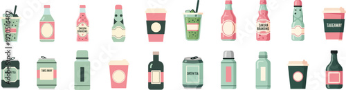 Assorted Beverage Bottles and Takeaway Coffee Cups in Pastel Mint and Pink for Spring Wellness