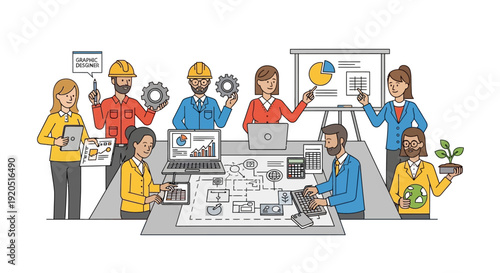 Diverse team collaborating on business project with laptops and graphs