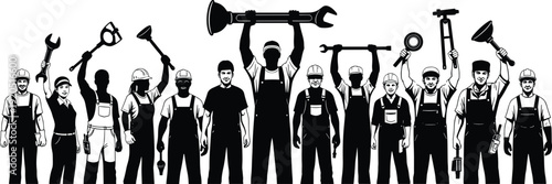 Construction workers silhouettes holding tools overhead representing teamwork industrial workforce and skilled labor unity concept illustration