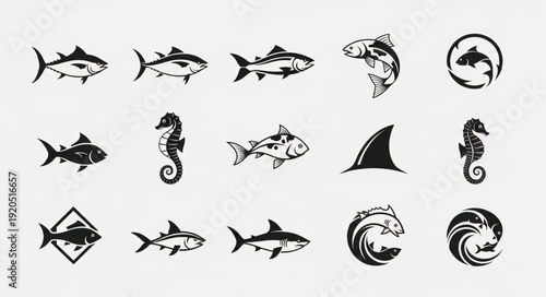 Collection of Various Fish and Sea Creature Silhouettes.
