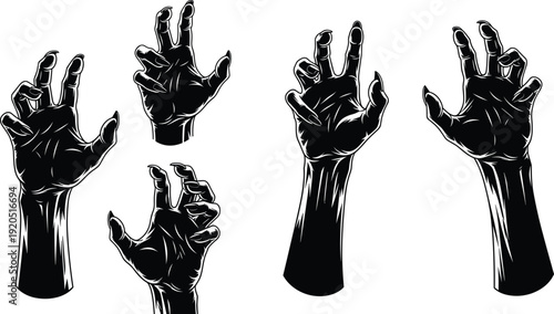 Creepy Zombie Hands Reaching Up Horror Silhouette Set Halloween Vector Illustration Collection
