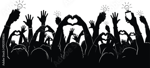 Crowd hands holding light bulbs and heart shapes silhouettes innovation idea concept vector illustration
