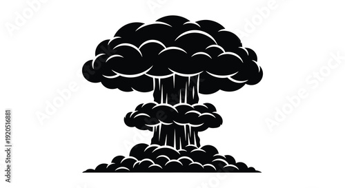 A dramatic illustration depicts a mushroom cloud explosion with billowing smoke and debris shown as a silhouette high quality
