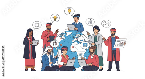 Diverse team collaborating globally with laptops and ideas