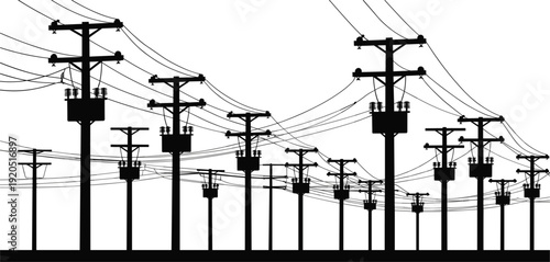 Dense silhouette of telephone poles and wires against a white background Keywords: electricity, power lines, telephone poles