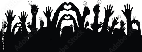 Crowd Silhouette with Raised Hands Light Bulbs and Heart Shapes Innovation Support Concept Vector Illustration