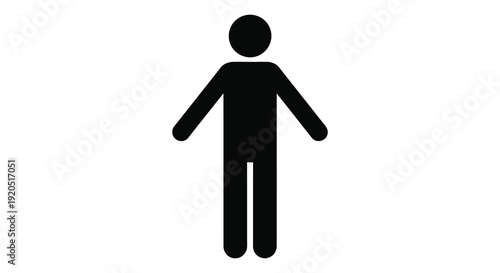 A simple stark black figure with outstretched arms and legs is prominently displayed against a white background silhouette